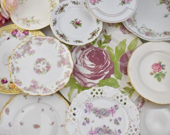 Plate Gallery Wall Assortment - Set of 11 Plates - Design and Color Coordinated - Pink Roses