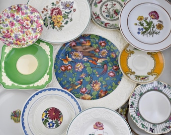 Plate Gallery Wall Assortment - Set of 12 Plates - Design and Color Coordinated - Green and Yellow Florals