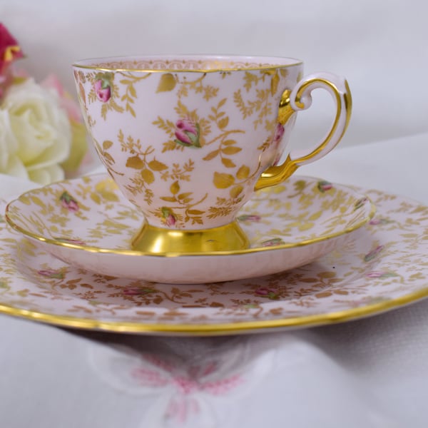 Vintage Tuscan Trios & Duos --- Pink Gold Sunshine pattern --- Tea Cup, Saucer and Large Dessert Plate