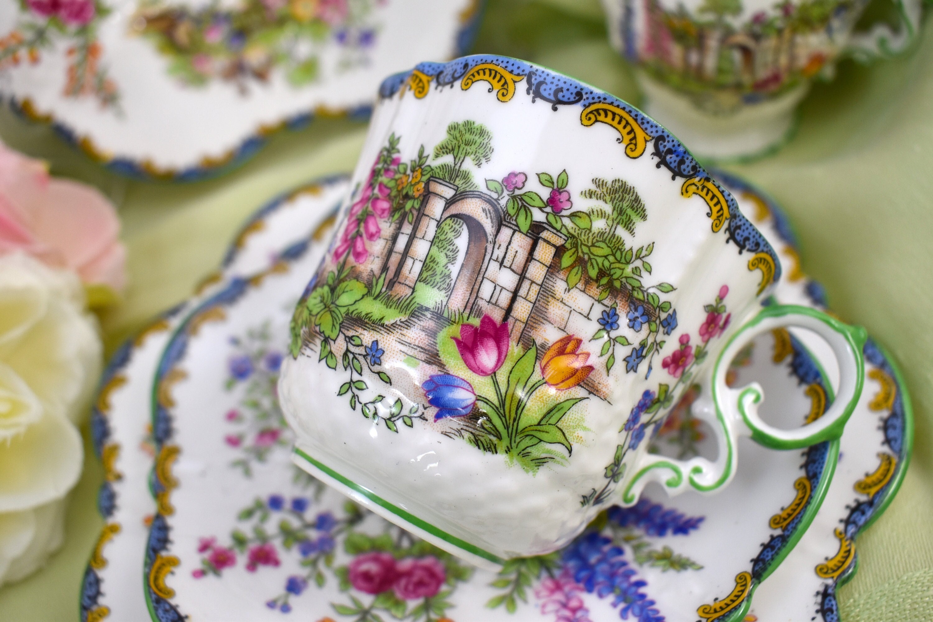 Aynsley Garden Gate B1356 Tea Cups and Dessert Plates Green Etsy