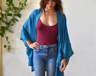 blue boho kimono robe |  chiffon kimono cover up | kimono cardigan | kimono duster