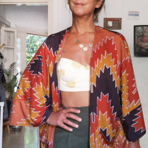 CropClothes Geometric Cardigan | Aztec Kimono | Earthy Clothing | Orange Coverup