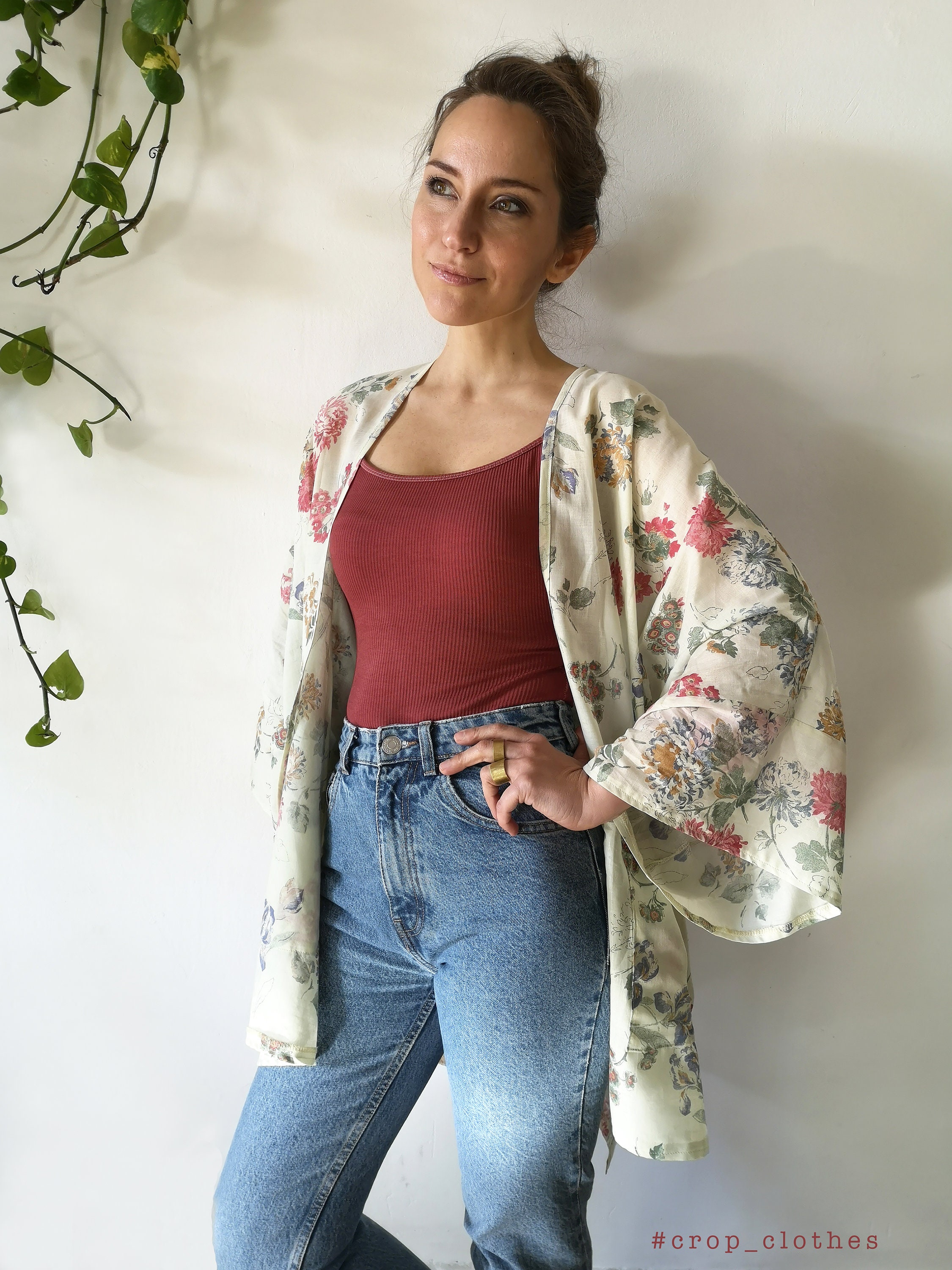 Floral Print Kimono Soft Cotton Clothing for Women Mid Length Kimono