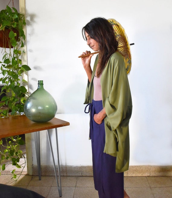 Green Kimono Women Handmade Clothing Cotton Kimono Cardigan Cover