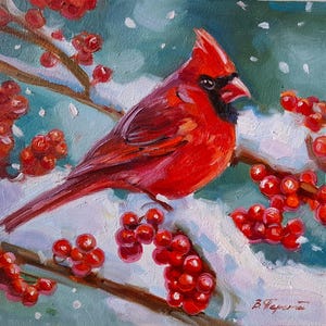 Original Gemälde Weihnachtsgeschenk Vögel Malerei Wanddekor Vogel Kardinal Auf Zweig Haustier Impressionist Kunst