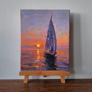 Original Oil Painting Home Decor Seascape Sunset Seashore Impressionism Art Yacht Boat Home Wall Decor