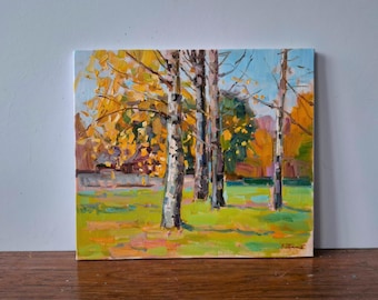 May include: A painting of a birch tree forest in autumn. The trees are painted in shades of yellow, orange, and green. The ground is covered in fallen leaves. The painting is done in a loose, impressionistic style.