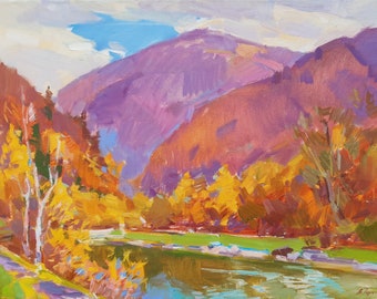 original oil painting, autumn landscape, autumn, mountain landscape, mountains, river, Carpathians