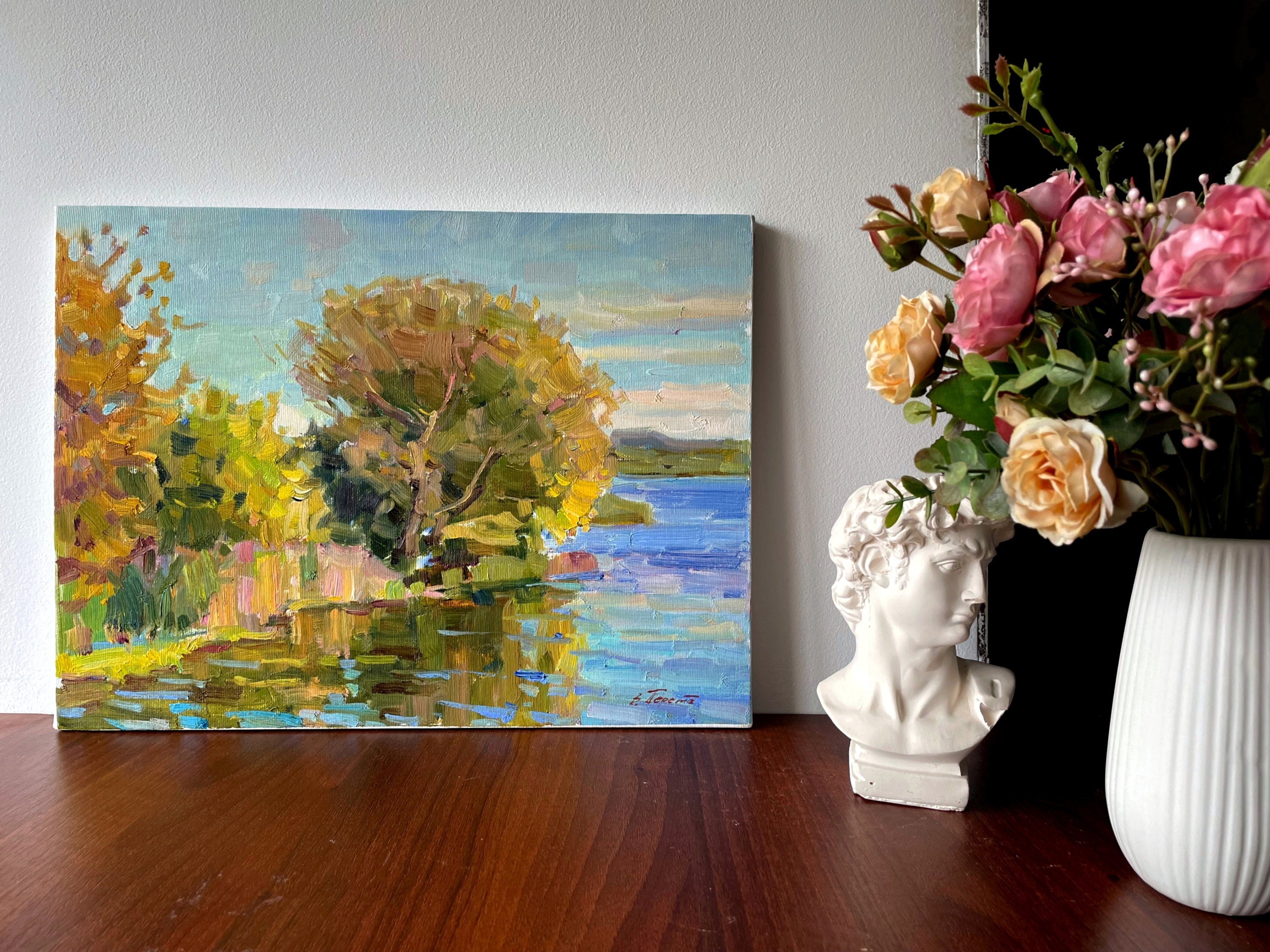 オリジナル絵画、秋の風景、川の風景、秋の絵画、印象派の芸術