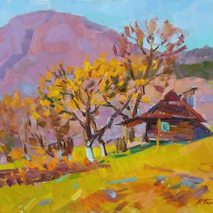 original oil painting, Karpaty, mountain landscape, mountains, mountain house, autumn landscape, gift, wall decor, farmhouse decor