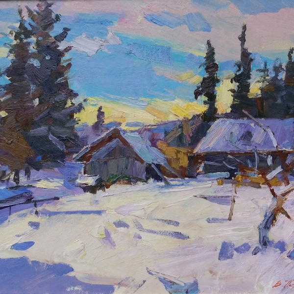 Original oil painting, Winter landscape, Rural landscape, Snow, Winter, Impressionist art