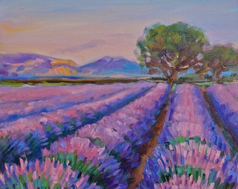 Original oil painting Lavender field Provence France, impressionism, wall decor Lavender