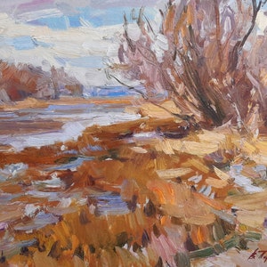cuadro original, óleo original, cuadro vintage, paisaje primaveral, óleo sobre cartón, río, primavera, hasta 50 cuadros al óleo, paisaje