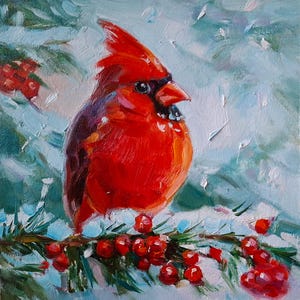 Original Gemälde Weihnachtsgeschenk Vögel Malerei Wanddekor Vogel Kardinal auf einem Zweig Haustier Impressionist Kunst