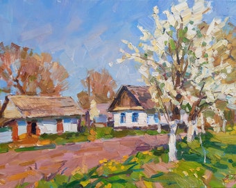 Original oil painting, Spring landscape, Flowering trees, Rural landscape, Impressionist art,