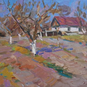original painting, spring landscape, garden, vintage oil, spring