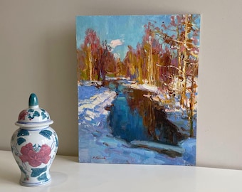 Original Painting, Winter Landscape, Winter Forest Park River Painting Impressionism Art Christmas Gift