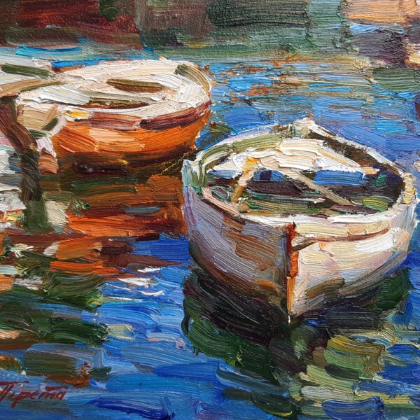 original oil painting, boat art, seascape, impressionism art