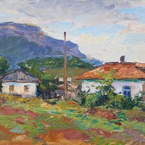 vintage painting, original painting, impressionism art, village in the mountains, rural landscape
