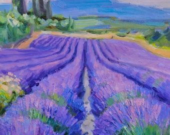 Original oil painting Lavender field Provence, France, impressionism, wall decor Lavender