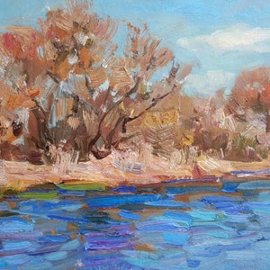peinture originale, peinture à l&#39;huile vintage, peinture sur carton, rivière, paysage de printemps, paysage