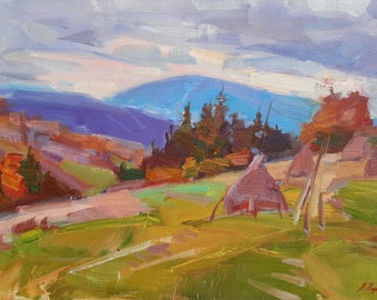 Original painting, Autumn landscape, Carpathians, Carpathian village, Impressionist art, Mountain landscape, Village painting