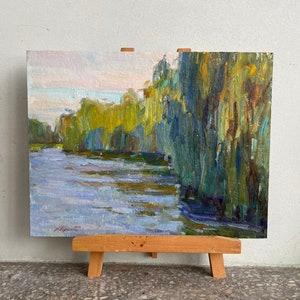 Original painting, River landscape, River, Trees by the river, Impressionist art, Autumn landscape, Lake Wall Decor Home