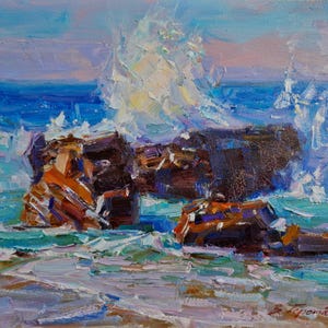 May include: A painting of a seascape with crashing waves and rocks. The water is a vibrant blue and the sky is a soft purple. The rocks are brown and gray and are partially submerged in the water. The painting is done in a loose, impressionistic style.