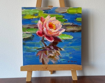 Original painting, Water lilies in a pond, Impressionist art, Water lilies, Wall decor, Flower painting Gift for Friend