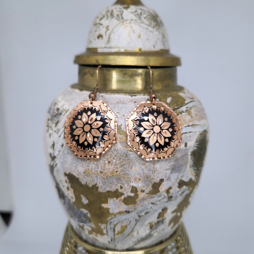 Earrings Stuck Copper Flower Jewelry, İndian Earrings, Hammered