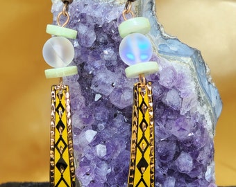 Diseño floral, pendientes largos de cobre, pendientes colgantes, colgantes de cobre bohemio rústico, pendientes de piedra lunar