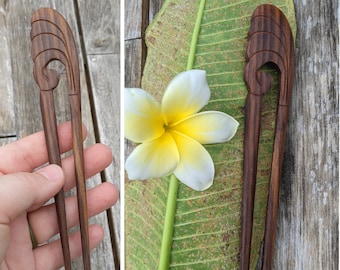 Handmade Sono Wood Hair Stick: Carved Wave Double Prong Hair Pin