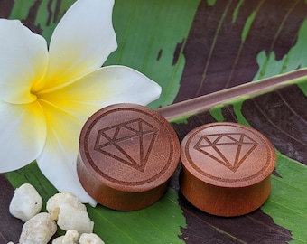 Pair Organic Hand Carved Sono Wood Double Flared Ear Plugs with Diamond Logo Cutout Gauges 0G 00G 11mm 1/2&quot; 14mm 16mm 19mm 22mm 24mm