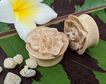 Hand Carved Crocodile Wood with Lotus Flower Fake Plug Earrings Hand Carved Crocodile Wood with Lotus Flower Fake Plug Earrings