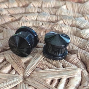 May include: Two black, circular ear plugs with a radial design on the face. The plugs are made of a shiny material and sit on a woven, beige surface. The plugs are a type of body jewelry.