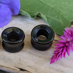 Pair Organic Hand Carved Black Agate Stone Polished Double Flared Tunnel Ear Plugs Gauged Earring 6mm 2G 8mm 0G 10mm 00G 12mm 1/2&quot;