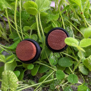 May include: Two wooden ear gauges with black rubber rings. The gauges are a dark brown colour and have a wood grain pattern.