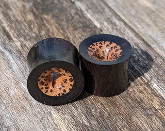 Hand Carved Black Horn Flesh Tunnels with Coconut Wood Inlay
