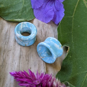 Pair Organic Hand Carved Turquoise Stone Polished Double Flared Tunnel Ear Plugs Gauged Earring 6mm 2G 8mm 0G 10mm 00G 12mm 1/2&quot;