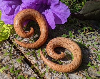 Pair Organic Hand Carved Coconut Wood Hoop Ear Plugs with Spiral Curls Gauged Earring ~ Solid/Speckled Color 6mm 2G 10mm 00G 1/2&quot; 12mm