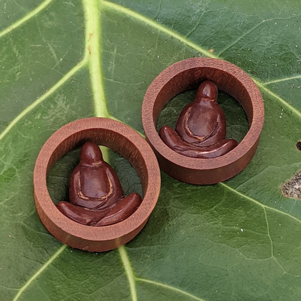 SALE Pair Organic Hand Carved Sono Wood Double Flared Flesh Tunnels with Sitting Buddha Figure Cutout Design Gauged Earring 25.5mm 1" 29.5mm