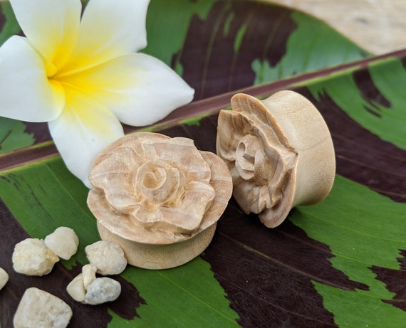Hand Carved Crocodile Wood with Lotus Flower Fake Plug Earrings Hand Carved Crocodile Wood with Lotus Flower Fake Plug Earrings