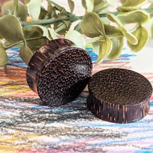 May include: Two dark brown, round ear plugs with a textured surface. The plugs are made of wood and have a natural, organic appearance. The plugs are displayed on a colorful, patterned surface.