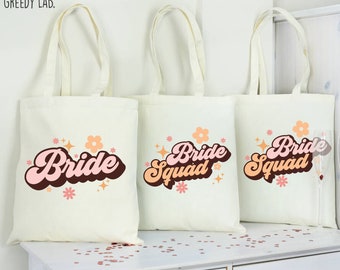 Retro Groovy Bride Tote Bag, Bride Tote Bag, Bridesmaid Tote Bag, Bride Squad Tote Bag, Hen Party Tote, Bachelorette Tote Bag, Wedding Tote