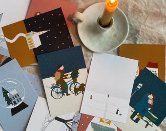 12 Christmas cards, postcard set with illustrations, minimal illustrations, cozy and sweet.