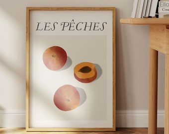 Printable Minimalist Peaches wall print, French poster, Modern Contemporary design, food illustration, printable wall art INSTANT DOWNLOAD