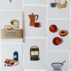 10 Food postcards, 10 card set with minimal illustrations, avocado toast, coffee, peaches and more image 1