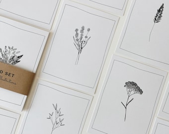 12 Floral postcards, 12 card set with minimal botanical illustrations