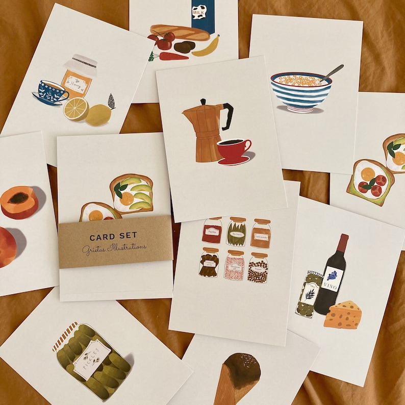 10 Food postcards, 10 card set with minimal illustrations, avocado toast, coffee, peaches and more image 5