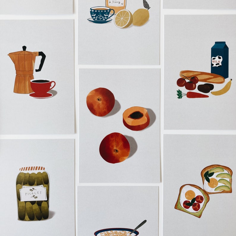 10 Food postcards, 10 card set with minimal illustrations, avocado toast, coffee, peaches and more image 3